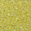 A close-up view of yellow flat-back acrylic pearls intended for crafting and embellishment purposes, with the text 'LEMON MERINGUE ACRYLIC FLAT-BACK BAUBLES EMBELLISHMENT MIX' displayed.